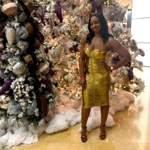 House of CB Strapless Gold Midi Bodycon Dress